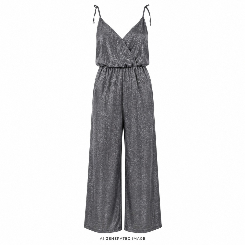 H&M Divided Womens Black Metallic Shimmer Wide Leg Jumpsuit Size 4 Wrap Front